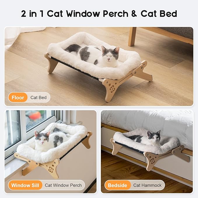 Cat Window Perch Cat Window Hammock Seat for Indoor Cats Sturdy Adjustable Sturdy Steady Cat Bed Providing All-Around Sunbath Space Saving Washable Holds Up to 40 lbs (2 in 1 Beige Nesting Cushion)