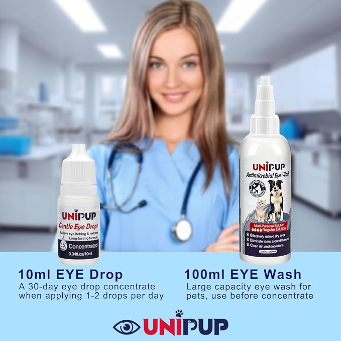 Dog Eye Wash 3.38 fl. oz and Eye Drops 0.34 fl. oz Set for Dogs and Cats to Flush and Soothe Eye Irritations, Dog Tear Stain Cleaner, for Allergies, Mucus, Irritation and Weepy Eyes