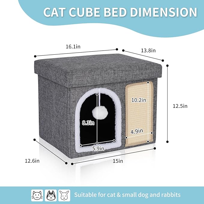 Cat Bed for Indoor Cats, Enclosed Cat Cave with Cozy Hideaway, Fluffy Hanging Ball, Cat Scratching Pad, Foldable Cat Ottoman House Hold Up to 135LBS, Cat Cube Condo for Kitten, 15" x 12.6" x 12.5"