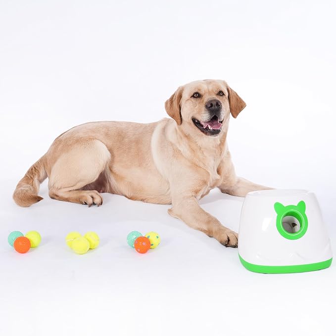 Automatic Ball Launcher for Dogs, 4 Launch Distance Modes, 2-inch Small Balls Included, Suitable for Small to Medium Sized Dogs (Green with tennis balls)