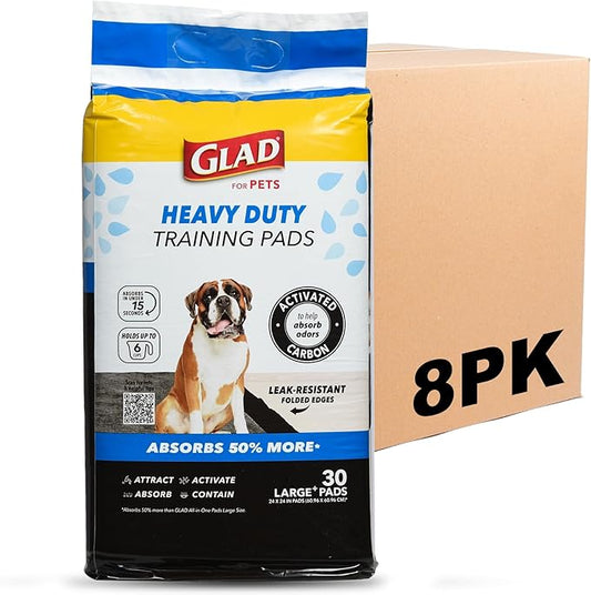 Glad for Pets Heavy Duty Activated Carbon Training Pads, 24" x 24" | Ultra Absorbent Training Pads - Absorbs 50% More Than Standard Pad; Heavy Duty Puppy Potty Training Pads, 30 Count - 8 Pack