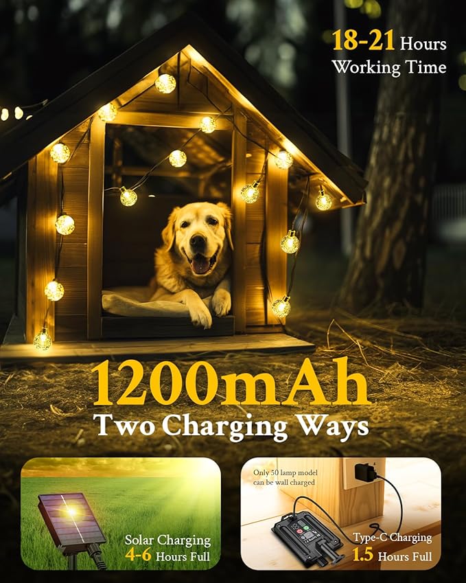 Dog House Decor Solar String Lights 1200mAh, Pet Supplies Decor with Battery String Lights for Cat Bed Pet House, Outdoor Dog Shelter Lights, 24.6ft 50 LED String Lights 8 Modes for Pets House Decor