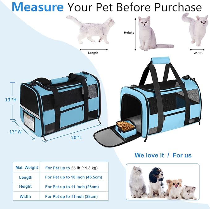 Large Cat Carrier Dog Carrier, Pet Carrier for 2 Cats Large Cats, Dog Carrier for Medium Small Dogs, Collapsible Soft Sided Pet Carrier for Cats Dogs Puppy of 25 Lbs, Blue