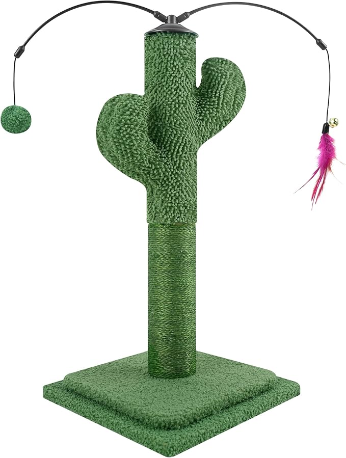 23.6" Cat Scratching Post, Cactus Cat Scratcher with Natural Sisal Rope for Indoor Cats, Claw Scratcher Green Cat Tree with Dangling Balls and Feather for Small Cats Kittens