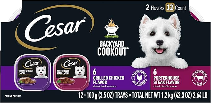 CESAR BACKYARD COOKOUT Adult Wet Dog Food Classic Loaf in Sauce Variety Pack, Grilled Chicken and Porterhouse Steak Flavors, (12) 3.5 oz. Easy Peel Trays