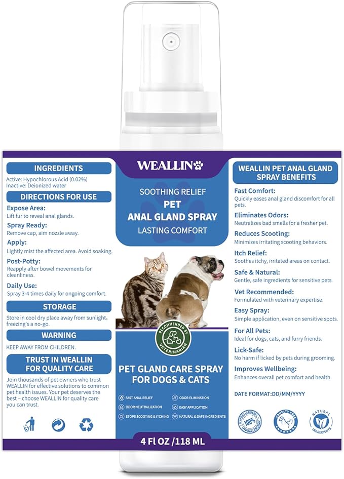 Anal Gland Spray for Dogs Cats - Fast Anal Gland Relief Stops Scooting & Itching Odor Elimination Anti Itch Dog Spray Pain Relieving Safe for All Animals - 4.06 FL OZ