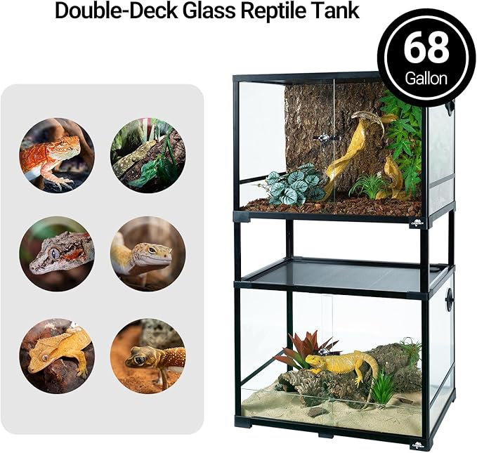 Double Stacked Reptile Tank 68 Gallon, Stackable Reptile Terrarium 24" x 18" x 44", Front Opening, Full Vision, Knock Down, Tall Glass Reptile Cage Habitat for Bearded Dragon, Lizard, Snake, Gecko