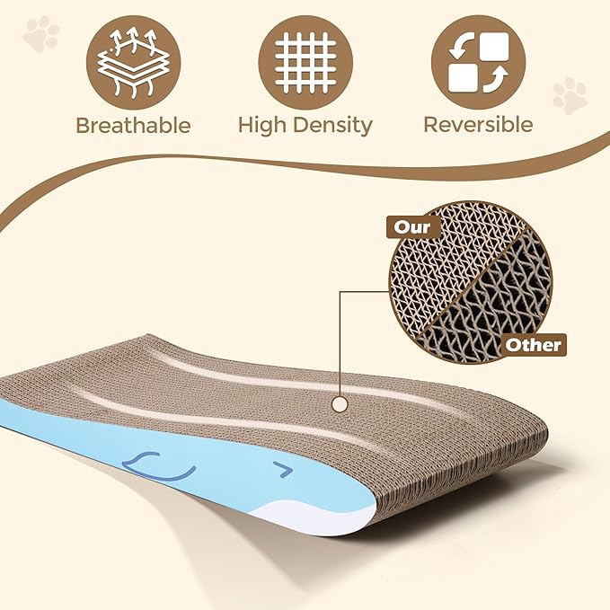 ComSaf Cat Scratching Board 2 Pack, Cat Scratcher Cardboard, Curved Cat Scratcher, Cute Cat Scratch Pad for Kitty, Recycle Cardboard Cat Scratcher, Double-Sided Pad for Long Lasting Use (Blue Whale)