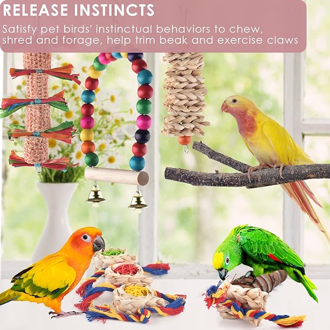 KATUMO Bird Toy Set, 6pcs Chew Toys & Perch for Small Birds, Conure, Cockatiel, Lovebird, Parakeet, Finch, Canary, Myna - Mental & Physical Workout, Relieves Boredom