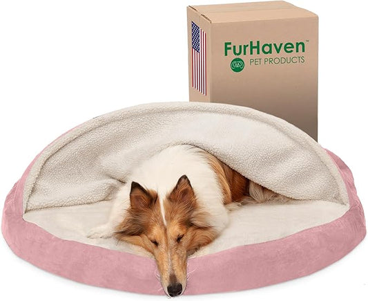 Furhaven 44" Round Orthopedic Dog Bed for Large Dogs w/ Removable Washable Cover, For Dogs Up to 80 lbs - Sherpa & Suede Snuggery - Pink, 44-inch