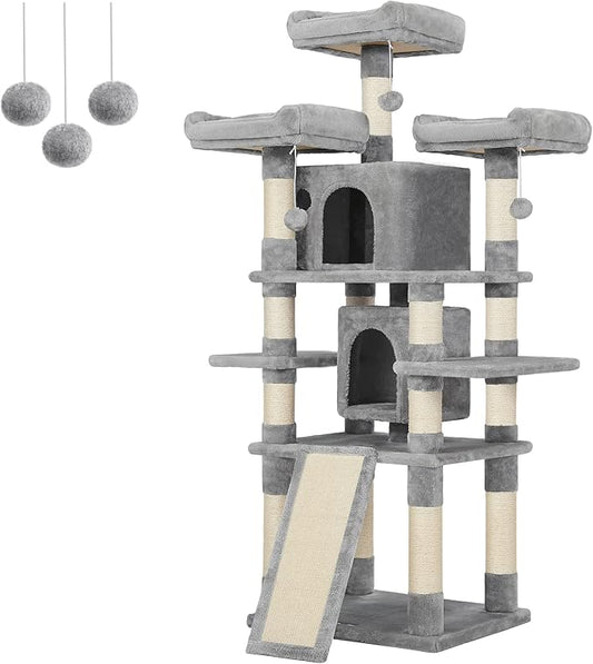 FEANDREA 67-Inch Multi-Level Cat Tree for Large Cats, with Cozy Perches, Stable, Light Gray UPCT18W