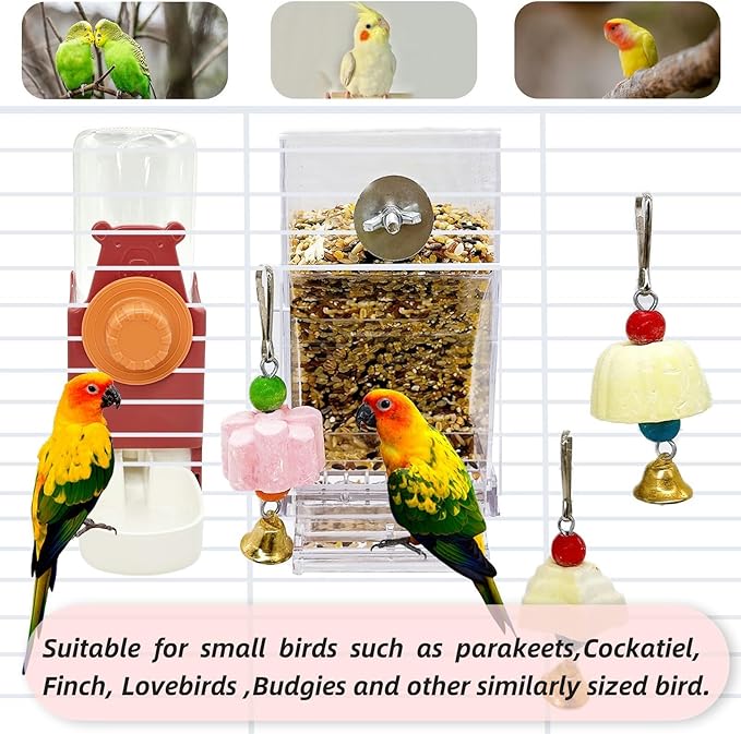 Parrot Automatic Feeder Bird Water Dispenser for cage No Mess Bird Feeder Food Container Feeding Station Foraging with 3 Beak Grinding Stone for Cockatiel Cockatoo Canary Lovebirds