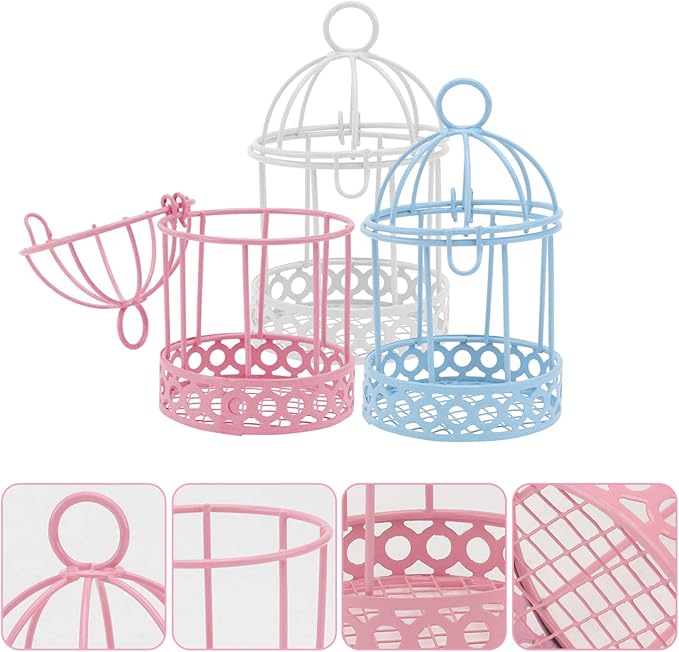 Metal Wall Hanging Bird Cage Mini Desktop Storage Decor Hollow Iron Bird Cage Organizer Home Office Desktop Decor 3pcs Bird Cage Tealight Holder