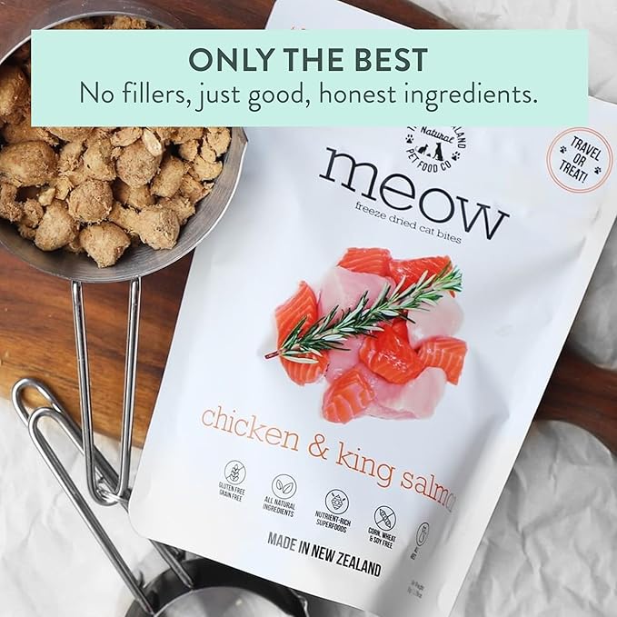 Meow Chicken & King Salmon Freeze Dried Raw Cat Food, Mixer, or Topper, or Treat - High Protein, Natural, Limited Ingredient Recipe 1.76 oz