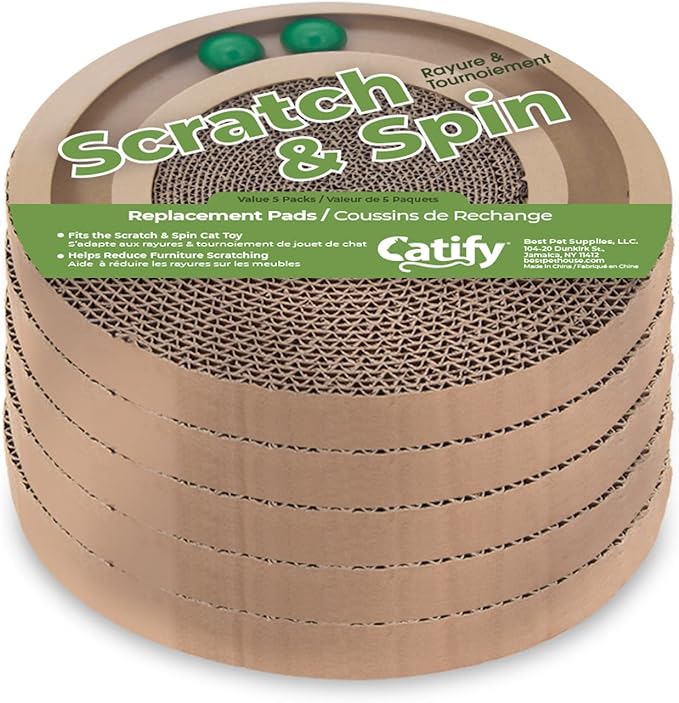 Best Pet Supplies Scratch and Spin Cat Scratcher Replacement Pads for Active Play, Natural Recycled Corrugated Cardboard, Supports Pet Behaviors, Relieves Stress - 5 Count