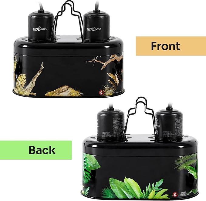 REPTI ZOO Nano Combo Print Tropical Desert Reptile Dual Deep Dome Lamp Fixture for Reptile Max 40 Watts Max Bulb Height 4 in Per Socket UVB Light Fixture Dual Lamp Cap Combo Integration Design