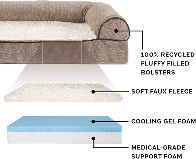 Furhaven Cooling Gel Dog Bed for Large Dogs w/ Removable Bolsters & Washable Cover, For Dogs Up to 95 lbs - Sherpa & Chenille Sofa - Cream, Jumbo/XL