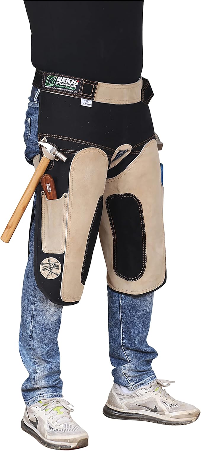 Farrier Apron Chaps for Men, Farrier Apron, Farrier Chaps, Cowhide Suede Leather and Canvas Farrier Apron for Horses with 2 Knife Pocket both side Magnets and Hammer Loop 25 inches 65cm