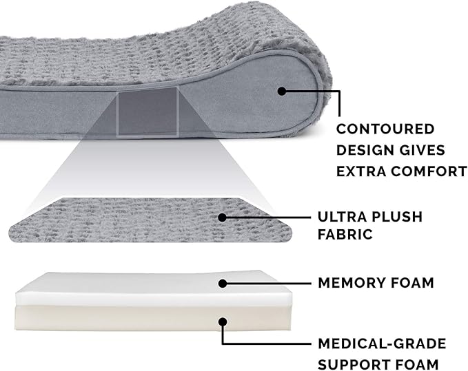 Furhaven Memory Foam Dog Bed for Large/Medium Dogs w/ Removable Washable Cover, For Dogs Up to 38 lbs - Ultra Plush Faux Fur & Suede Luxe Lounger Contour Mattress - Gray, Large