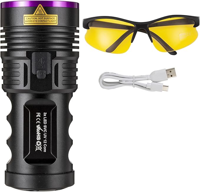 ALONEFIRE H42UV 36W 365nm UV Flashlight USB Rechargeable Ultraviolet Blacklight Torch Pet Urine Detector for Resin Curing, Fishing, Scorpion with UV Protective Glasses, 4PCS Battery Included