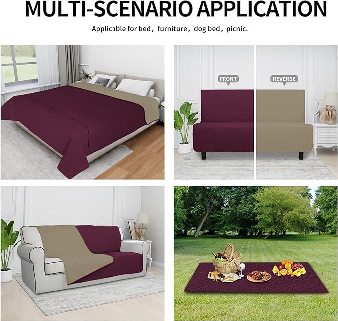 Easy-Going 100% Waterproof Dog Bed Cover Reversible Leak Proof Couch Cover Washable Sofa Cover Furniture Protector Blanket for Pets Kids Children Dog Cat (102x90 Inch, Wine/Beige)