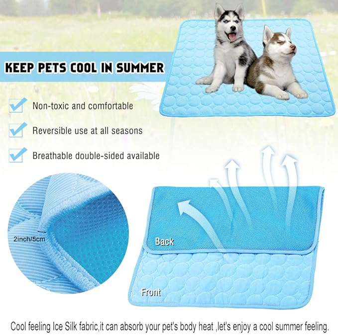 VeMee Summer Cooling Mat for Dogs Cats Ice Silk Self Dog Cooling Mat Breathable Pet Crate Pad Portable & Washable Pet Cooling Blanket for Outdoor or Home (28 X 22in, Blue)