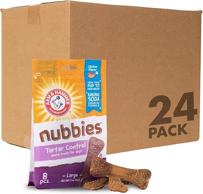 Arm & Hammer for Pets Nubbies Dental Treats for Dogs | Dental Chews Fight Bad Breath, Plaque & Tartar Without Brushing | Chicken Flavor, Size Large (Pack of 24, 192 Count Total)