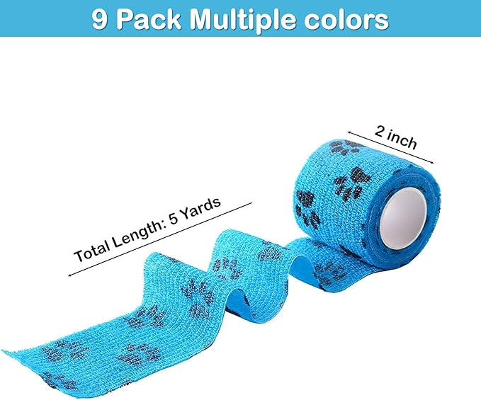 Self Adhesive Bandage Wrap, 9 Pcs 2 inch x 5 Yards, Self-Adhesive Non-Woven Tape, Pet Wrap for Dogs Horses Pet Animals for Wrist Healing Ankle Sprain and Swelling(2 Inch Claw)