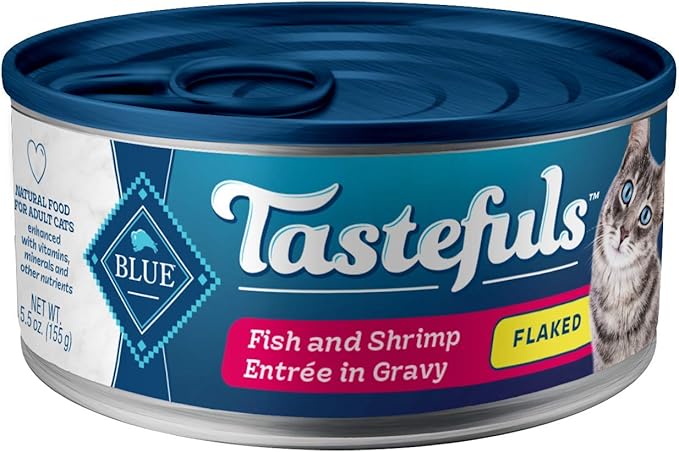 Blue Buffalo Tastefuls Flaked Wet Cat Food, Made with Natural Ingredients | Fish and Shrimp Entrée in Gravy, 5.5-oz. Cans (24 Count)