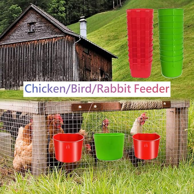 20Pcs Cage Cup Bird Cage Feeder Chicken Feeding Bowl Chicken Water Cups Hanging for Cage Chicken feeders Water Cups Hanging for Treats Grit Gamefowl Parrot Parakeet Poultry(Red+Green)