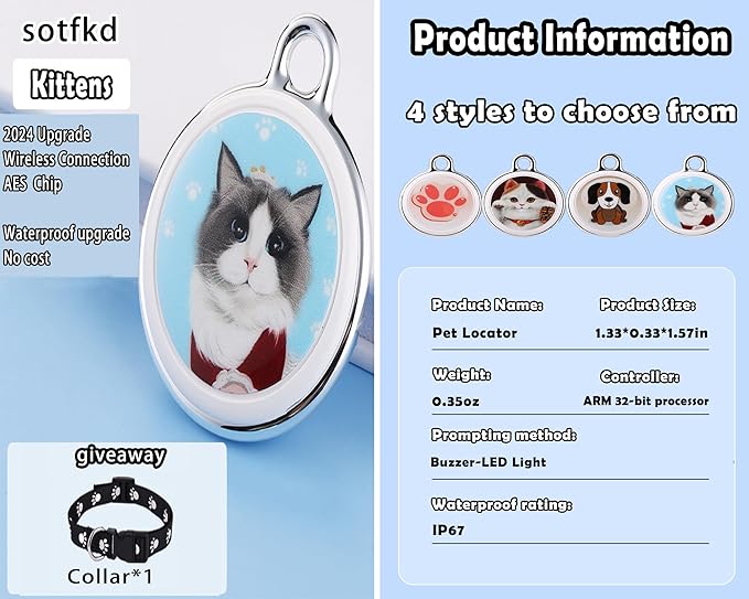 Cat Tracker-Pet Tracker-Cat Tracker Collar | No Charging Required | No Monthly Fee | Waterproof | Works with Any Collar (Android and iOS Universal)