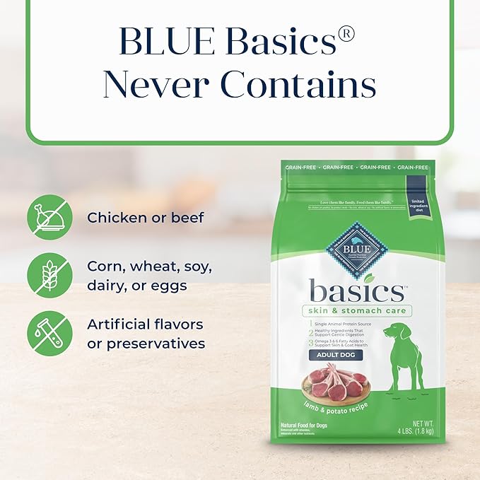 Blue Buffalo Basics Adult Grain-Free Dry Dog Food for Skin & Stomach Care, Limited Ingredient Diet, Made in the USA with Natural Ingredients, Lamb & Potato Recipe, 4-lb. Bag