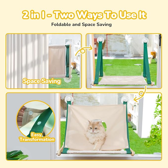 Cat Window Perch, Cat Hammock for Window, 2 in 1 Cat Window Hammock Bed for Indoor Cats, Large Cat Perch with Sturdy Screw Suction Cups for Large Cats & Kittens (Green)