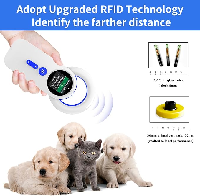 Symcode Bluetooth Animal Microchip Tag Reader Scanner Wireless RFID EMID Animal Handheld Reader Pet ID Scanner Rechargeable Animal Chip Scanner Pet Tag Scanner FDX-B(ISO 11784/11785) ID64 RFID