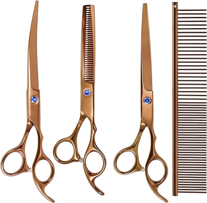 Dog Grooming Scissors, Maxshop Premium Stainless Steel Pet Grooming Trimmer Kit, Professional Thinning Shears, Curved Scissors with Comb for Dogs and Cats (Gold Set of 4)