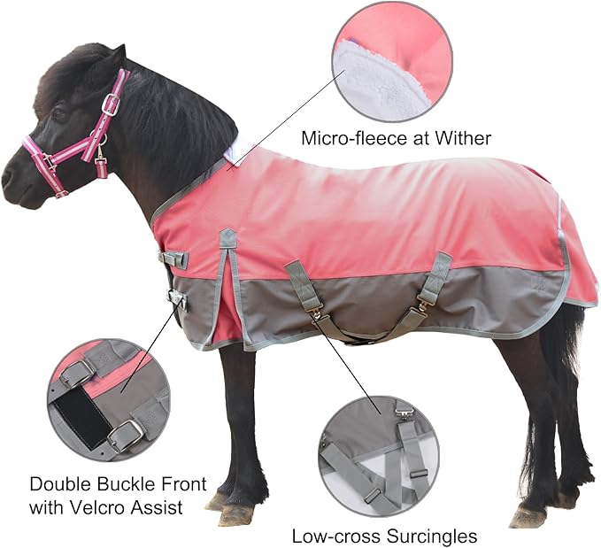 Mini Horse/Pony/Foal/Miniature Size 36"-51" Lightweight Waterproof & Breathable 1200 Denier Turnout Blanket with No Filling Pink 48