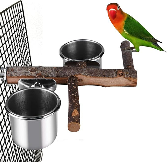 Bird Feeding Dish Cups, Hanging Stainless Steel Parakeet Feeder, Bird Feeder for Cage & Watering Supplies with Natural Wood Perch Platform for Parakeet Cockatiels Conure Budgies Lovebird Finch