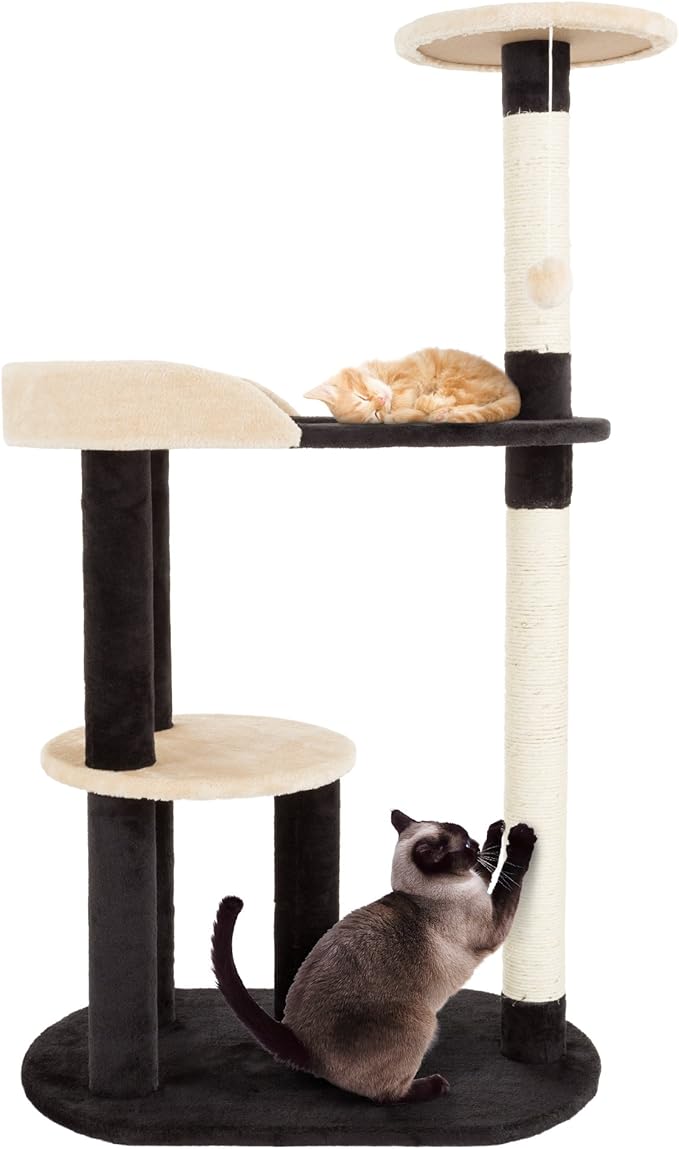 3-Tier Cat Tower - Indoor Feline Furniture with 2 Napping Perches, 2 Sisal Rope Scratching Posts, Peek Hole, and Fun Hanging Toy by PETMAKER (Black)