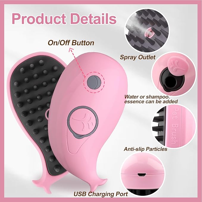 Cat Steam Brush, 3 in 1 Cat Steamy Brush, Silicone Massage Grooming Brush, Pet Hair Self Cleaning Brush Comb for Cats Dogs(Pink Whale)