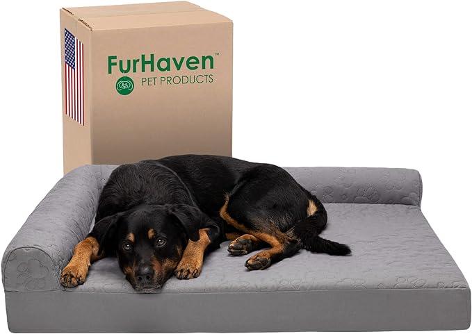 Furhaven Orthopedic Dog Bed for Large Dogs w/ Removable Bolsters & Washable Cover, For Dogs Up to 95 lbs - Pinsonic Quilted Paw L Shaped Chaise - Titanium, Jumbo/XL