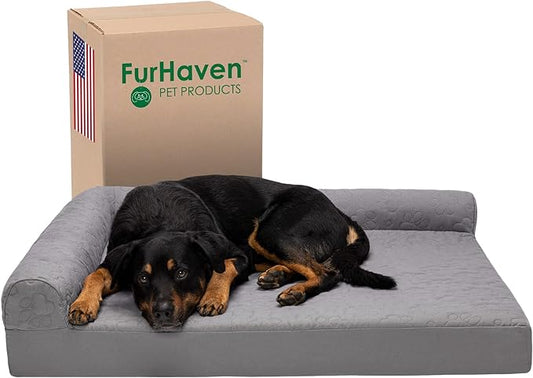 Furhaven Orthopedic Dog Bed for Large Dogs w/ Removable Bolsters & Washable Cover, For Dogs Up to 95 lbs - Pinsonic Quilted Paw L Shaped Chaise - Titanium, Jumbo/XL