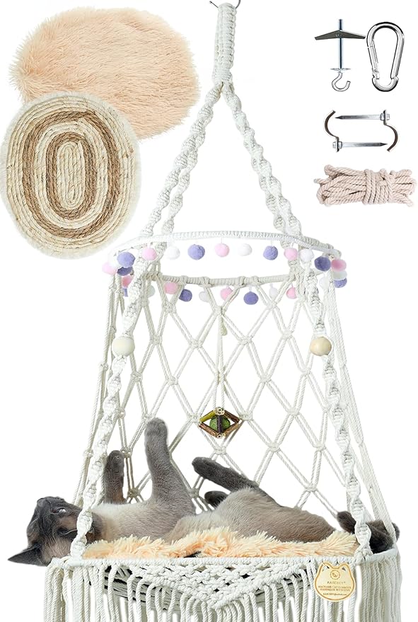 Hanging Cat Hammock Bed 9 Pcs Macrame Cat Swing Bed Macrame Hanging Cat Bed, with 2 Catnip Mat Bed