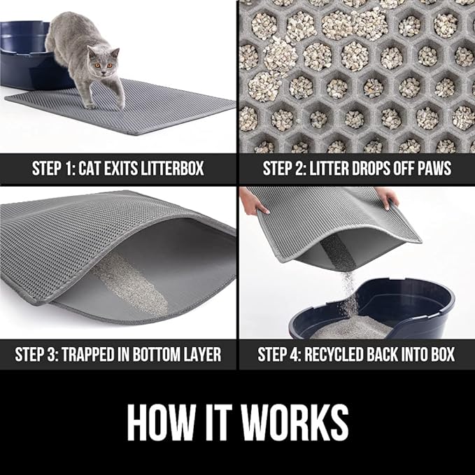 Gorilla Grip Honeycomb Cat Litter Mat 35x24, Two Layer Trapping Waste Mats, Soft On Paws, Indoor Box Supplies and Essentials, Feeding Trap, Water Resistant on Floors, Gray