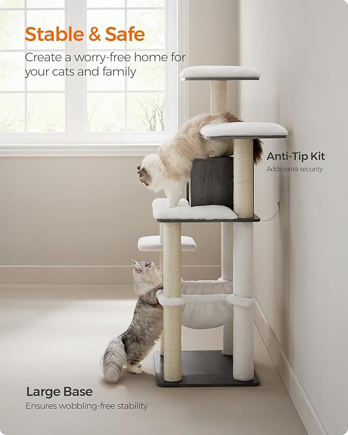 Feandrea Cat Tree, 54.3-Inch Modern Cat Tower for Indoor Cats, Multi-Level Cat Condo, Ultra-Soft Plush, Scratching Posts, Hammock, Removable, Washable Cushions, Misty Gray UPCT164G02