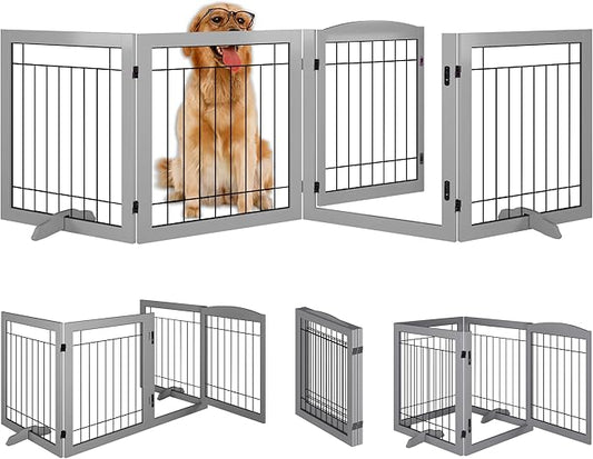 Folding Pet Gate 96" Wide, 30" Tall No-Assembly Wooden Dog Gate with Door Walk Through, Freestanding Wire Pet Gate, Pet Puppy Safety Fence, with 2PCS Support - Gray