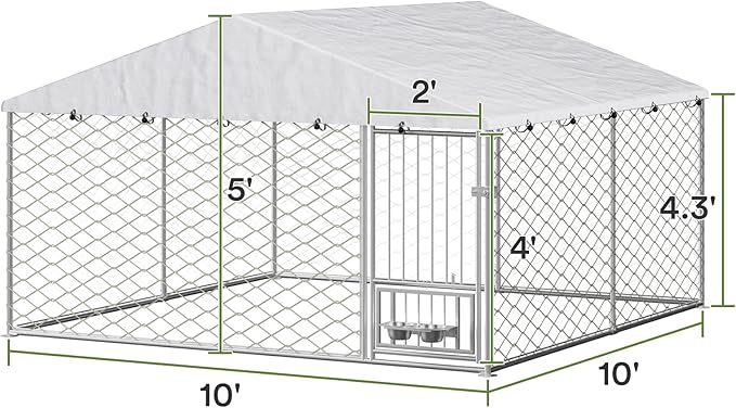 10x10 Dog Kennel Outdoor, Large Outdoor Dog Kennel with Roof, Dog Kennel Outside with Rotating Feeder Bowls, Covered Dog Outdoor Kennel for Large Medium Small Dogs