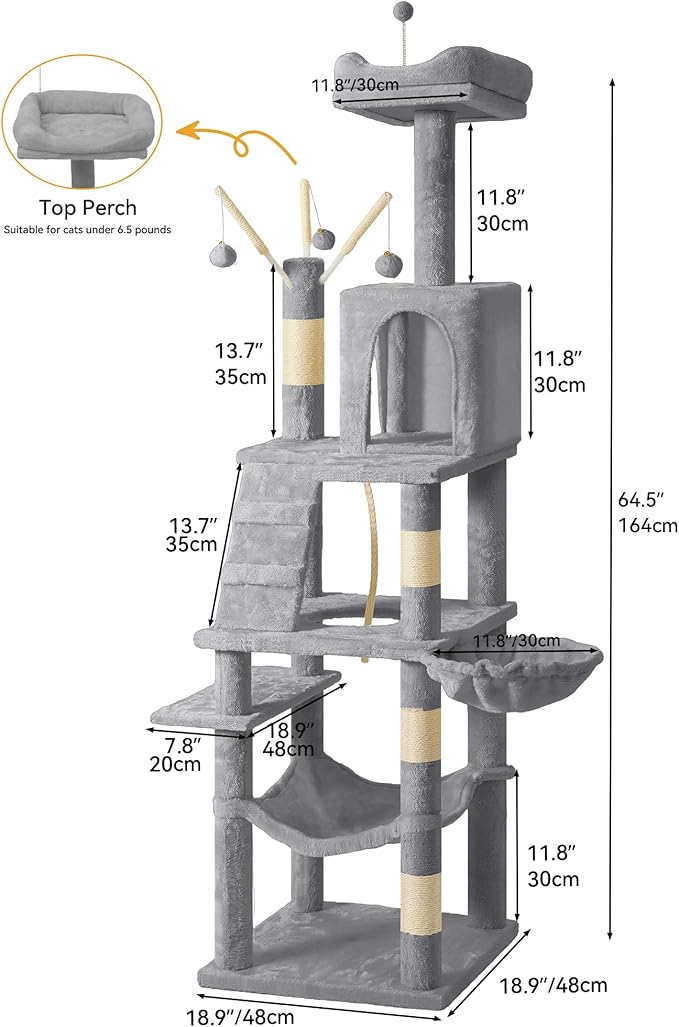 YITAHOME 64.5" Cat Tree, Multi-Level Cat House, Large Cat Condo Furniture with Perch Hammock, Scratching Posts and Dangling Balls for Kittens, Cats and Pets, Light Gray