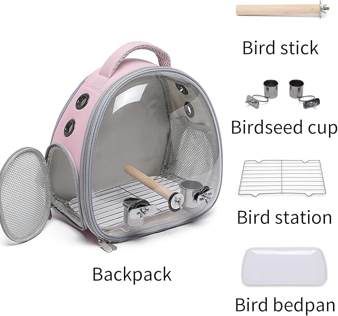 Bird Carrier Cage, Pet Travel Carrier Backpack with Standing Perch,Parrot Cockatiel Carrier bag, Food Bowl for Lovebirds Conures Parakeet Budgie Canary & Small Animal (pink+accessories)