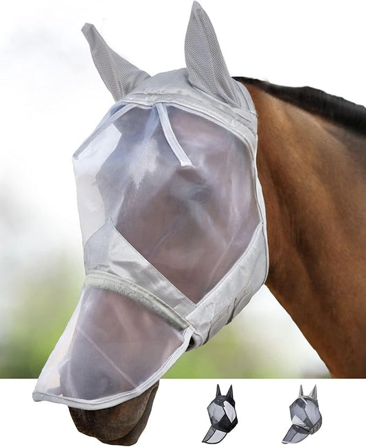 Harrison Howard CareMaster Horse Fly Mask Long Nose with Ears Full Face Moonlight Silver Small Pony