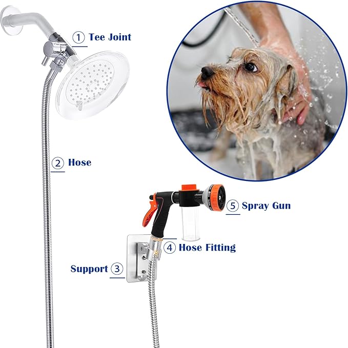 Dog Shower Attachment Water Hose Nozzle Sprayer Set with Metal 3-Way Shower Diverter & 6.6 Ft Long Hose for Bathroom Shower Arm Easy Indoor Outdoor Pet Pup Dog Washer Hose attachment